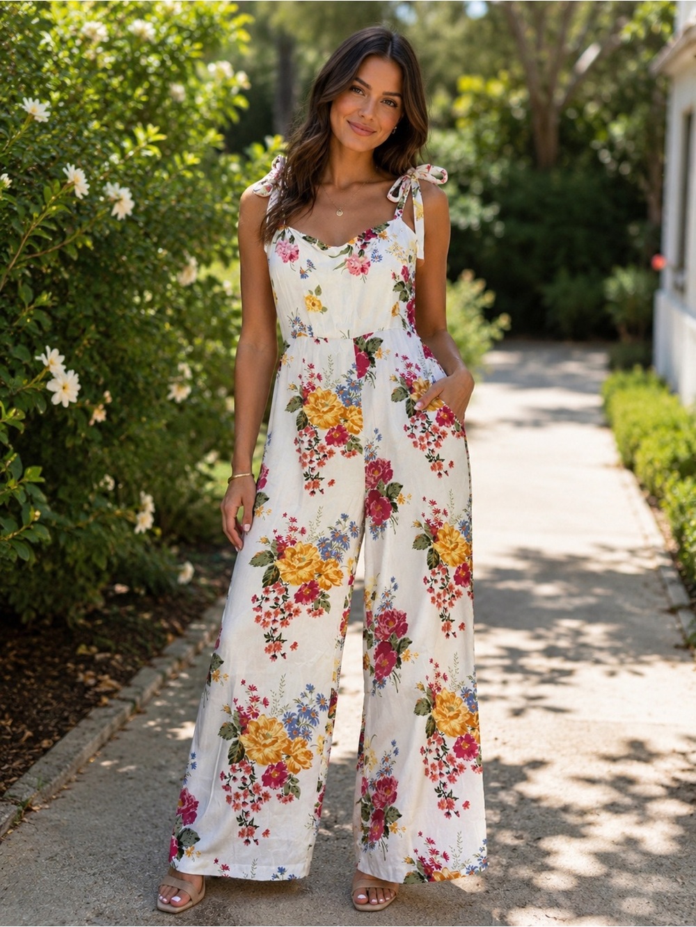 Reformation Cream Floral Tie-Shoulder Maxi Dress